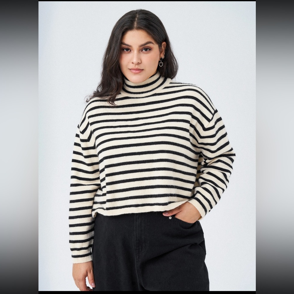 Striped High Neck Oversized Crop Sweater